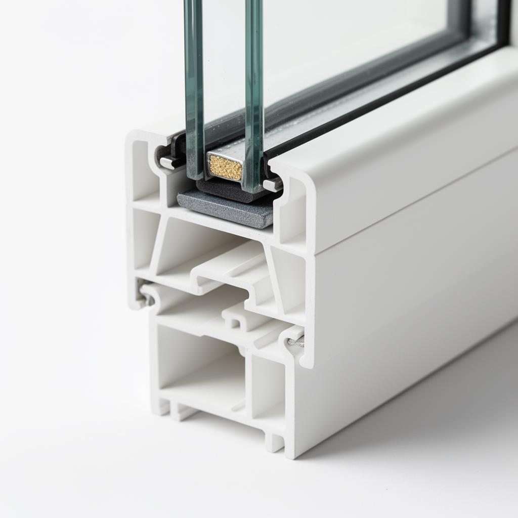 Doorsnede van een VEKA 7-kamer kunststof kozijnprofiel met triple glas